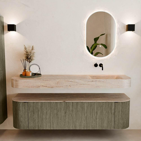 MONDIAZ THOR-DLUX Meuble de salle de bains 170cm arrondi gauche + droite couleur Shadow avec 1 tiroir et 2 portes. Vasque suspendue CLOUD Droite sans trou de robinet couleur Saba. SW1465737