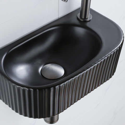 QeramiQ Fuente fonteinset – halfrond – 40x21.5x12 cm – kraangat rechts – kraan gunmetal – geribbeld SW1233035