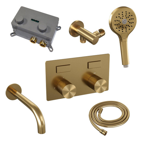 BRAUER Gold Carving mitigeur de bain encastré thermostatique - boutons-poussoirs SET 04 - bec - douchette à main 3 jets - flexible de douche - coude mural - or brossé PVD SW925620