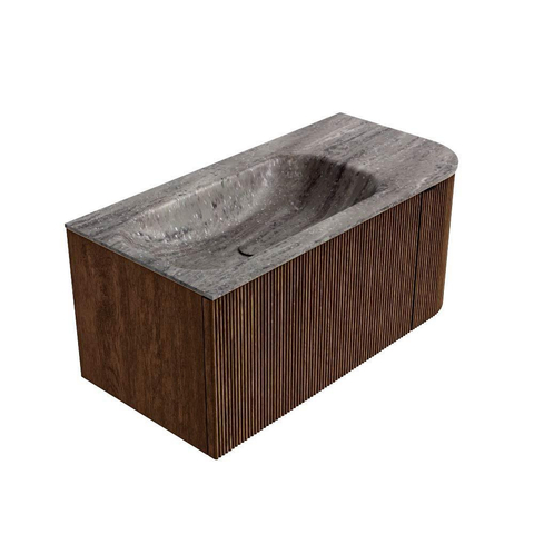 MONDIAZ KURVE-DLUX Meuble de salle de bains 95cm arrondi à droite couleur Walnut avec 1 tiroir et 1 porte. Lavabo BIG SMALL gauche sans trou de robinet Oza. SW1432713