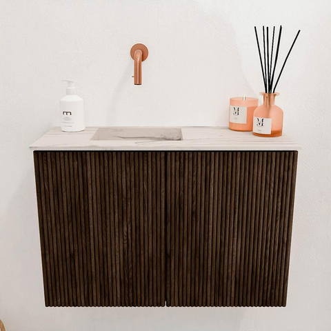 Mondiaz JOYA-DLUX 60cm meuble de salle de bains - couleur Walnut - Vasque FAYE position Gauche Sans trou de robinet couleur Nata. SW1424478