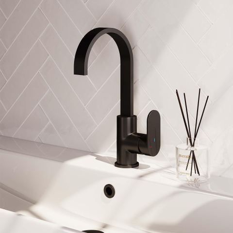Brauer Black Edition Robinet de lavabo rehaussé avec bec rotatif économiseur d'énergie Noir mat SW385394