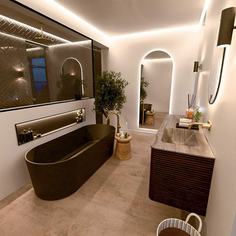 Mondiaz CIRO-DLUX Ensemble de meuble de salle de bains - 150x45x50cm - plan de toilette en solid surface Oza - 1 vasque à droite - sans trous de robinet - 4 tiroirs - Noyer SW1530647