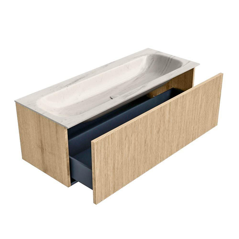 MONDIAZ KURVE-DLUX Meuble de salle de bains 120cm couleur Oak avec 1 tiroir et 0 porte. Lavabo BIG LARGE Central 2 trous de robinet Meli. SW1431623