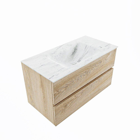 MONDIAZ VICA-DLUX Badkamermeubelset - 90cm - onderkast washed oak - 2 lades - inbouw wastafel cloud midden - 1 kraangat - 60cm hoge versie - opalo SW1088387