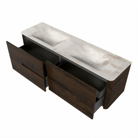 Mondiaz CIRO-DLUX Ensemble de meubles de salle de bains - 160x45x50cm - Plan vasque solid surface Frappe - 2 vasques double - sans trous de robinet - 4 tiroirs - Noyer SW1530110