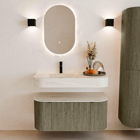 MONDIAZ THOR-DLUX 100cm meuble de salle de bains arrondi gauche + droite couleur Shadow avec 1 tiroir et 2 portes. Vasque suspendue CLOUD Gauche 1 trou de robinet couleur Meli. SW1467494
