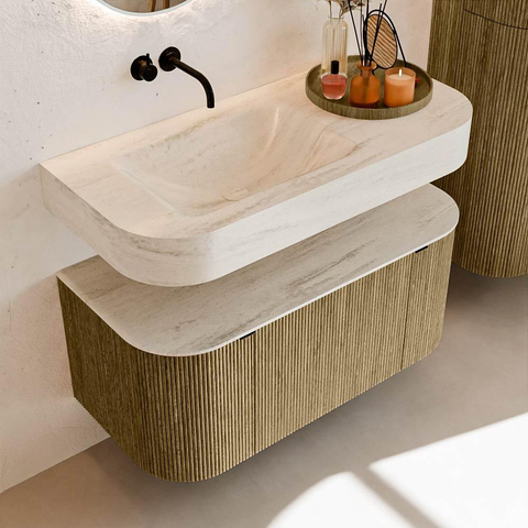 MONDIAZ THOR-DLUX 100cm meuble de salle de bains arrondi gauche + droite couleur Dusk avec 1 tiroir et 2 portes. Vasque suspendue CLOUD Gauche sans trou de robinet couleur Meli. SW1467478
