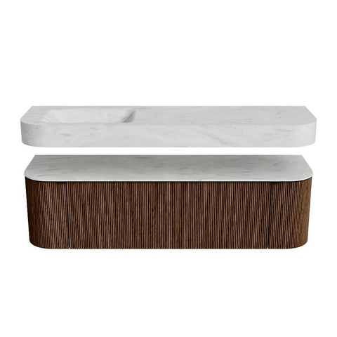 MONDIAZ THOR-DLUX 160cm meuble de salle de bains arrondi gauche + droite couleur Walnut avec 1 tiroir et 2 portes. Vasque suspendue CLOUD Gauche sans trou de robinet couleur Opalo. SW1467678