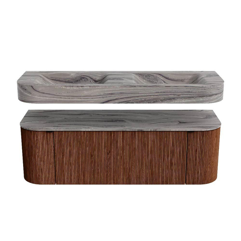 MONDIAZ THOR-DLUX 140cm badmeubel ronding links + rechts kleur Ruby met 1 lade en 2 deuren. Vrijhangende wastafel CLOUD Dubbel zonder kraangat kleur Sombra. SW1464265