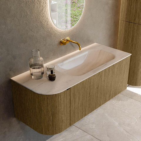 MONDIAZ KURVE-DLUX Meuble de salle de bains 115cm courbe à gauche couleur Dusk avec 1 tiroir et 1 porte. Lavabo BIG SMALL à droite sans trou de robinet Meli. SW1431884