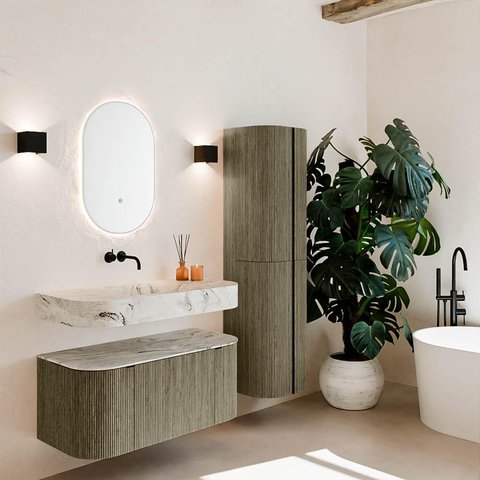 MONDIAZ THOR-DLUX 100cm meuble de salle de bains arrondi gauche + droite couleur Shadow avec 1 tiroir et 2 portes. Vasque suspendue CLOUD Milieu sans trou de robinet couleur Glace. SW1467439
