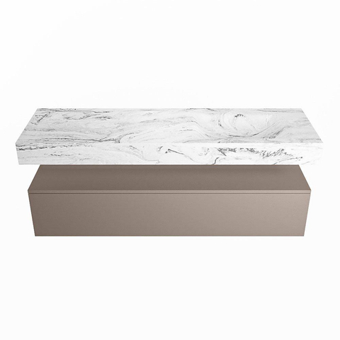 Mondiaz ALAN-DLUX Ensemble de meuble - 150cm - meuble Smoke mat - 1 tiroir - Lavabo Cloud Glace suspendu - vasque Droite - 0 trous de robinet SW805701