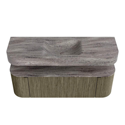 MONDIAZ THOR-DLUX 140cm meuble de salle de bains arrondi gauche + droite couleur Shadow avec 1 tiroir et 2 portes. Vasque suspendue CLOUD Milieu sans trou de robinet couleur Oza. SW1467666