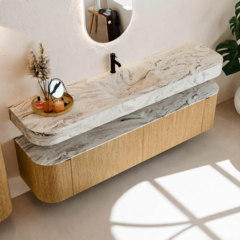 MONDIAZ THOR-DLUX Meuble de salle de bains - 190cm - arrondi gauche + droite - couleur Oak - 2 tiroirs et 2 portes - Vasque suspendue CLOUD Milieu 1 trou de robinet - couleur Glace SW1466367