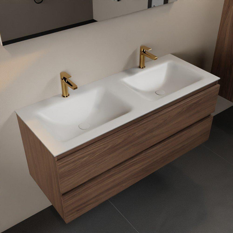 Mondiaz Aivy badmeubelset - 120x45x50cm - 2 kraangaten - 2 wasbakken talc Solid surface - Links en rechts - 2 lades - Met spiegel - Melamine Mocha SW892228