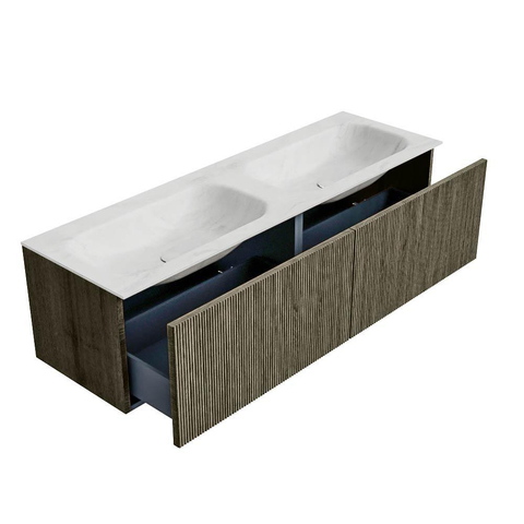 Mondiaz KURVE-DLUX Ensemble meuble de salle de bains - 150x46x40cm - 2 tiroirs - lavabo solid surface - double - sans trou de robinet - Shadow SW1414105