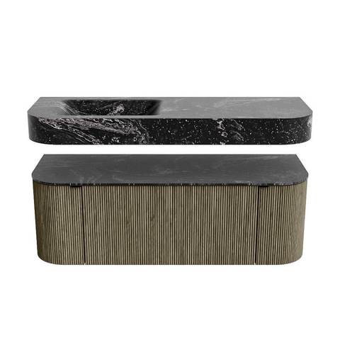 MONDIAZ THOR-DLUX Meuble de salle de bains 130cm arrondi gauche + droite couleur Shadow avec 1 tiroir et 2 portes. Vasque suspendue CLOUD Gauche 1 trou de robinet couleur Lava. SW1463730
