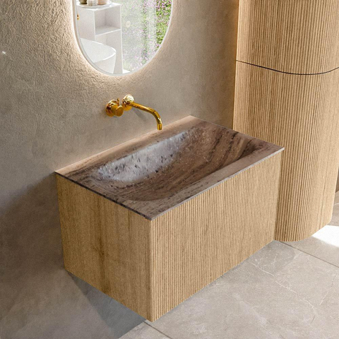 MONDIAZ KURVE-DLUX Meuble de salle de bains 70cm couleur Oak avec 1 tiroir et 0 porte. Lavabo BIG SMALL Central sans trou de robinet Oza. SW1432625