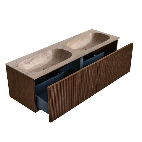 MONDIAZ KURVE-DLUX meuble de salle de bains 140 cm couleur Walnut avec 2 tiroirs et 0 porte. Plan-vasque STOR SMALL Double sans trou de robinet Saba. SW1433216