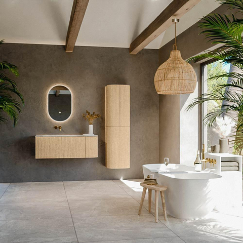 MONDIAZ KURVE-DLUX meuble de salle de bains 115cm avec module 25 R couleur chêne avec 1 tiroir et 1 porte. Lavabo BIG SMALL gauche sans trou de robinet couleur Opalo. SW1137529