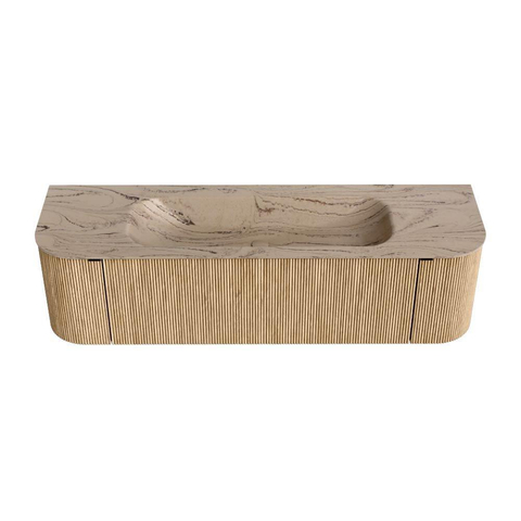 MONDIAZ KURVE-DLUX Meuble de salle de bains 160cm arrondi Gauche + Droite couleur Chêne avec 1 tiroir et 2 portes. Lavabo BIG MEDIUM Central sans trou de robinet Arena. SW1431112