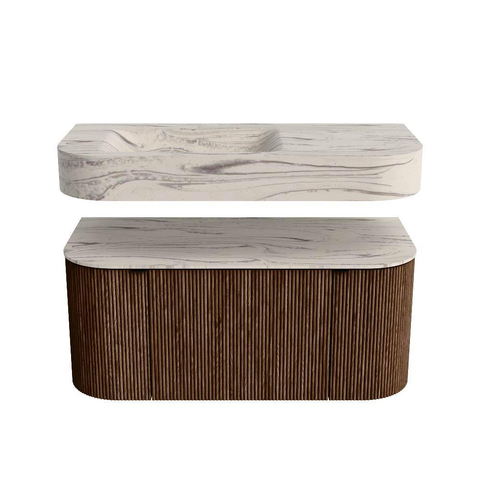 MONDIAZ THOR-DLUX 100cm meuble de salle de bains arrondi gauche + droite couleur Walnut avec 1 tiroir et 2 portes. Vasque suspendue CLOUD gauche sans trou de robinet couleur Nata. SW1467505