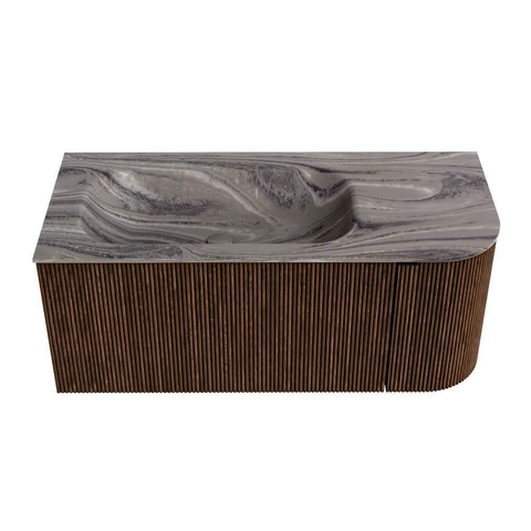 MONDIAZ KURVE-DLUX Meuble de salle de bains 105cm arrondi à droite couleur Walnut avec 1 tiroir et 1 porte. Lavabo BIG SMALL gauche sans trou de robinet Sombra. SW1433650