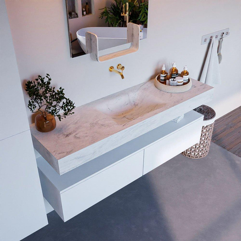 Mondiaz ALAN-DLUX Ensemble de meuble - 150cm - meuble Talc mat - 2 tiroirs - Lavabo Cloud Opalo suspendu - vasque Centre - 0 trous de robinet SW806358