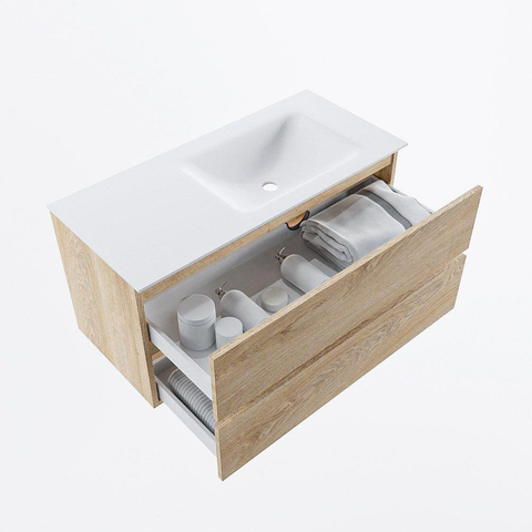 MONDIAZ VICA 100cm meuble de salle de bains sous-meuble Washed Oak 2 tiroirs. Lavabo CLOUD à droite 1 trou de robinet, couleur Talc. SW1381948