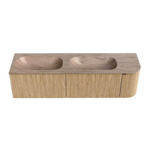 MONDIAZ KURVE-DLUX 165cm badmeubel ronding Rechts kleur Oak met 2 lades en 1 deur. Wastafel STOR SMALL Dubbel / Links zonder kraangat Saba. SW1433118