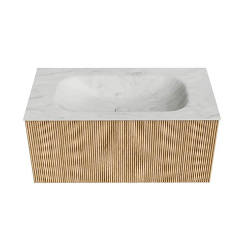 MONDIAZ KURVE-DLUX Meuble de salle de bains 90cm couleur Oak avec 1 tiroir. Lavabo BIG SMALL central sans trou de robinet couleur Opalo. SW1137575