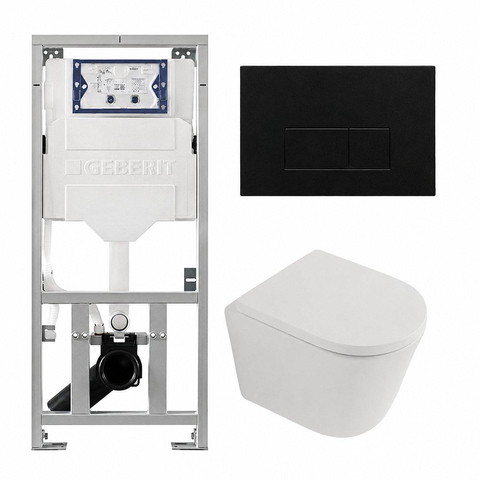 QeramiQ Dely Toiletset - 36.3x51.7cm - diepspoel - rimless - Geberit UP320 inbouwreservoir - softclose toilet zitting - 35mm - metaal mat zwarte bedieningsplaat - rechthoekige knoppen - mat wit SW1235388