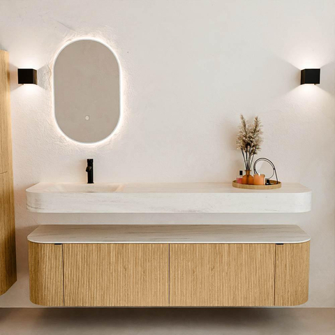 MONDIAZ THOR-DLUX 180cm meuble de salle de bains arrondi gauche + droite couleur Oak avec 2 tiroirs et 2 portes. Vasque suspendue CLOUD Gauche 1 trou de robinet couleur Meli. SW1466165