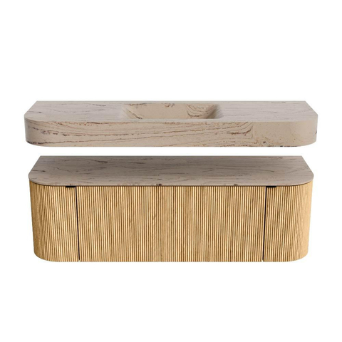 MONDIAZ THOR-DLUX 140cm badmeubel ronding links + rechts kleur Oak met 1 lade en 2 deuren. Vrijhangende wastafel CLOUD Midden zonder kraangat kleur Arena. SW1464343