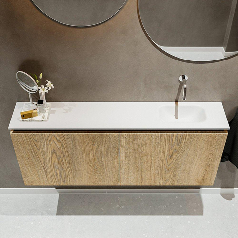 MONDIAZ TURE Toiletmeubel 120x23x50cm met 0 kraangaten 2 deuren washed oak mat Wastafel Eden rechts Solid Surface Wit SW475174