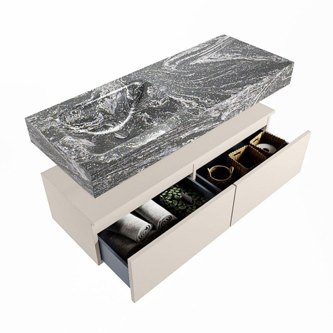 Mondiaz ALAN-DLUX Ensemble de meuble - 120cm - meuble Linen mat - 2 tiroirs - Lavabo Cloud Lava suspendu - vasque Gauche - 0 trous de robinet SW808174