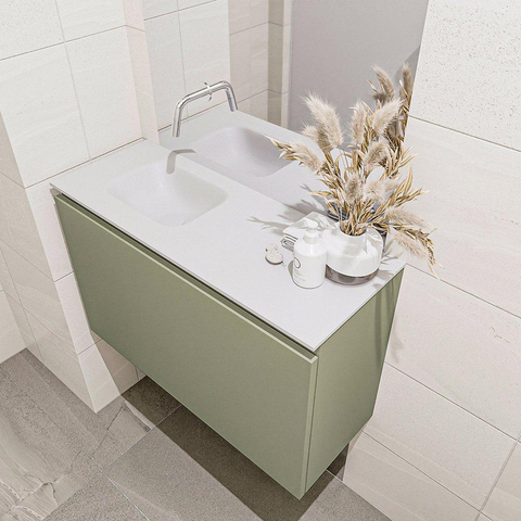 MONDIAZ OLAN Toiletmeubel 80x30x40cm met 0 kraangaten 1 lades army mat Wastafel Lex links Solid Surface Wit SW473310