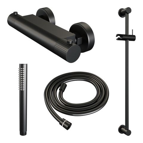 BRAUER Stripe Opbouw Douche Thermostaatkraan - SET 01 - glijstang - staaf handdouche - doucheslang - mat zwart SW1435109