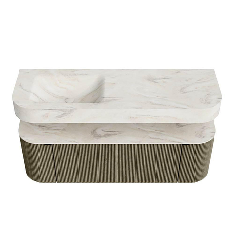 MONDIAZ THOR-DLUX Meuble de salle de bains 140cm arrondi gauche + droite couleur Shadow avec 1 tiroir et 2 portes. Vasque suspendue CLOUD Gauche 1 trou de robinet couleur Ostra. SW1464362