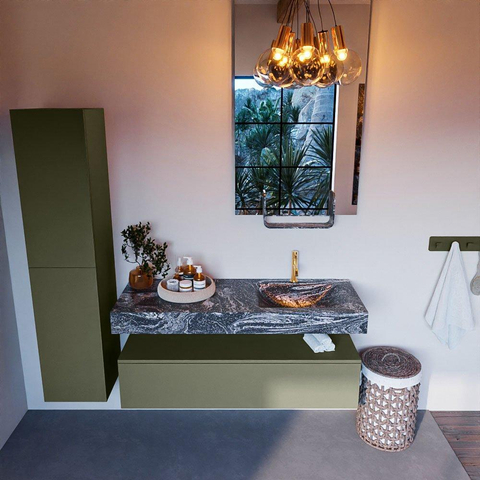 Mondiaz ALAN-DLUX Ensemble de meuble - 130cm - meuble Army mat - 1 tiroir - Lavabo Cloud Lava suspendu - vasque Droite - 1 trou de robinet SW808480