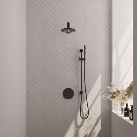 BRAUER Black Carving douche thermostatique encastrée - 3 voies - rond - ensemble 85 - douche principale de 20 cm - bras mural droit - douchette à main - flexible de douche - barre de douche intégrée - noir mat SW1159254