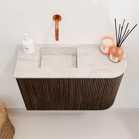 Mondiaz JOYA-DLUX 61.6cm toiletmeubel - ronding rechts kleur Walnut - Wastafel FAYE positie Links Zonder kraangat kleur Ostra. SW1422634