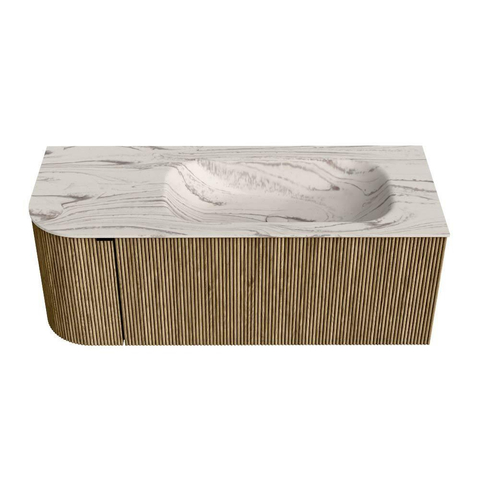 MONDIAZ KURVE-DLUX 115cm badmeubel ronding Links kleur Dusk met 1 lade en 1 deur. Wastafel BIG SMALL Rechts zonder kraangat Nata. SW1432388