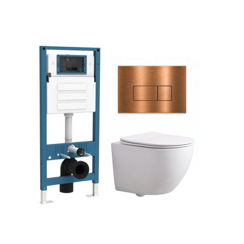 QeramiQ Dely Swirl Compact Toiletset - inbouwreservoir QeramiQ flush - slim zitting - metalen bedieningsplaat koper - rechthoekige knoppen - mat wit SW1590667