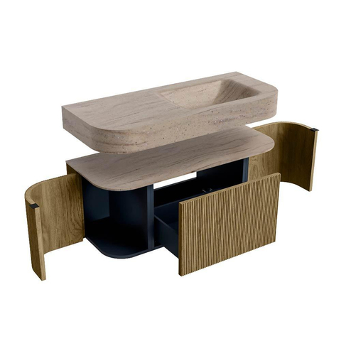 MONDIAZ THOR-DLUX 110cm meuble de salle de bains arrondi gauche + droite couleur Dusk avec 1 tiroir et 2 portes. Vasque suspendue CLOUD Droite 1 trou de robinet couleur Saba. SW1463009