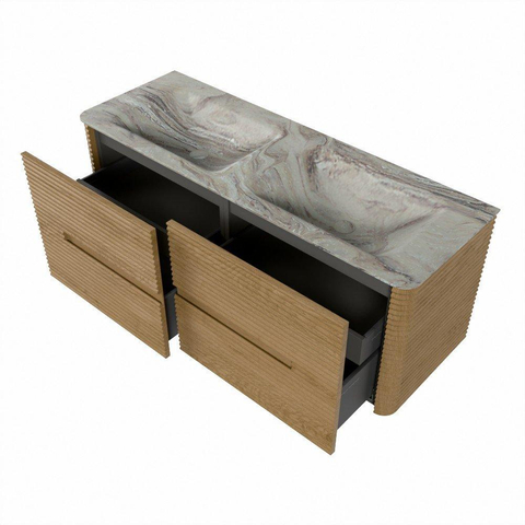 Mondiaz CIRO-DLUX Badkamermeubelset - 130x45x50cm - Solid surface wastafel Glace - 2 wasbak Dubbel - zonder kraangaten - 4 lades - Oak SW1530907