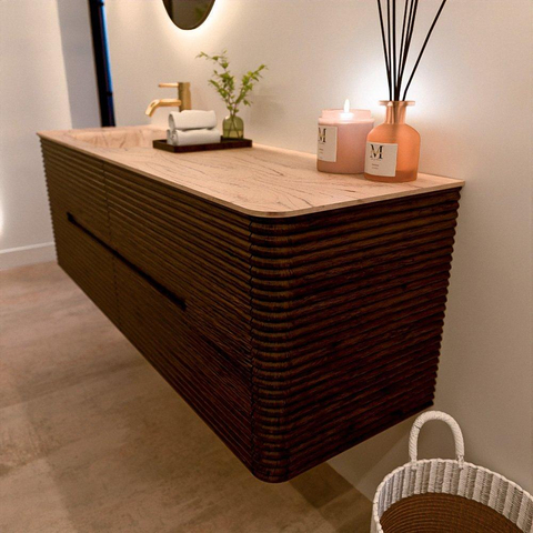 Mondiaz CIRO-DLUX Badkamermeubelset - 150x45x50cm - Solid surface wastafel Arena - 1 wasbak Links - 1 kraangat - 4 lades - Walnut SW1530435