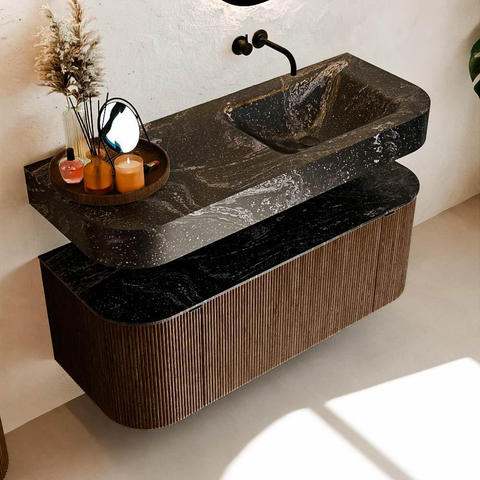 MONDIAZ THOR-DLUX 120cm meuble de salle de bains arrondi gauche + droite couleur Walnut avec 1 tiroir et 2 portes. Vasque suspendue CLOUD droite sans trou de robinet couleur Lava. SW1463218