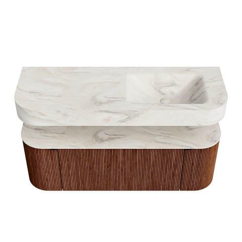 MONDIAZ THOR-DLUX 130cm meuble de salle de bains arrondi gauche + droite couleur Ruby avec 1 tiroir et 2 portes. Vasque suspendue CLOUD Droite 1 trou de robinet couleur Ostra. SW1463751